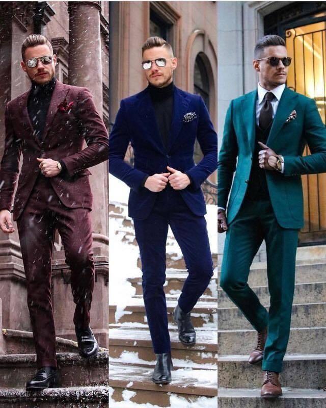 酒紅、寶藍、墨綠色西裝各一套