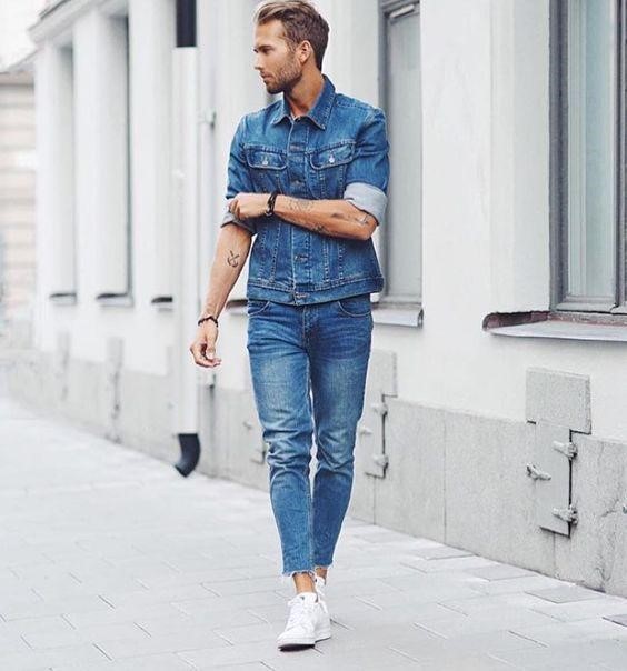 丹寧厚磅襯衫 搭牛仔九分褲 配白色球鞋